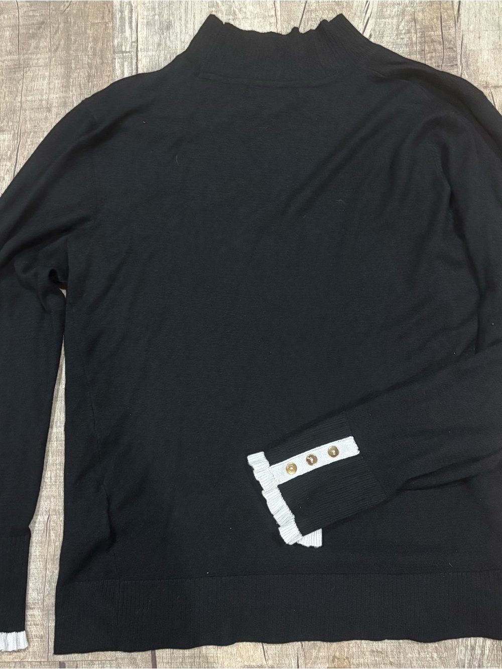 Cable & Gauge Black Turtleneck Sweater with White Cuff Trim and Gold Buttons